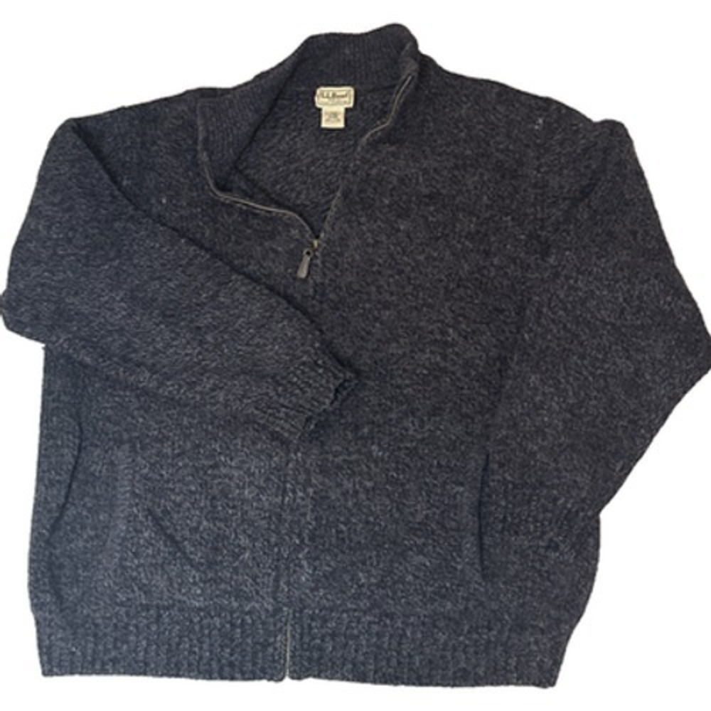 LL Bean Mens XL Navy Blue 100% Lambswool Full Zip Cardigan Sweater Jacket Hole